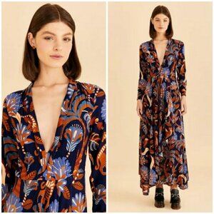 💕FARM RIO💕 Blue Nature Beauty Long Sleeve Maxi Dress ~ XS NWT